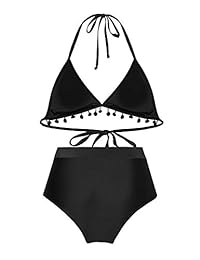 Bikini de cintura alta para dama, dos piezas, con borlas a rayas