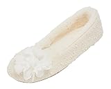 MIXIN Women's Ballerina Soft Sole Home Slippers with Lace Flower Beige