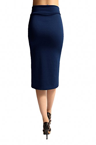 Sassy Apparel Womens Comfortable Elastic Below Knee Fashion Pencil Skirt (Navy, XL)