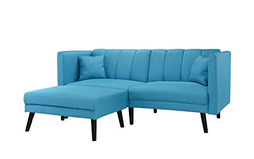 Mid-Century Modern Linen Fabric Futon Sofa Bed, Living Room Sleeper Couch (Sky Blue) - Thumbnail 2