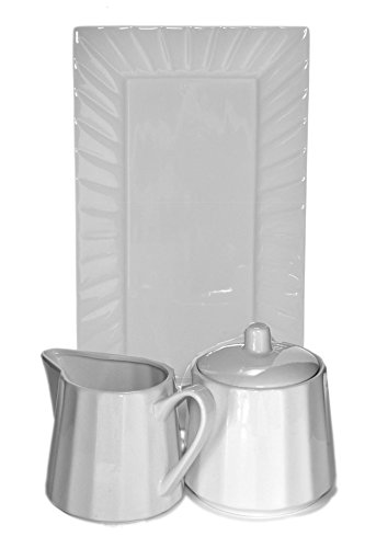 Modern Ribbed Coffee Porcelain White Covered Sugar Bowl & Creamer Set with Tray