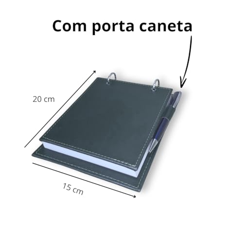 Bloco de Anotações Executivo com Capa de Couro Sintético Costurado, 150 Folhas Destacáveis, Argolas de Metal, Porta Caneta, 15x20 cm, Azul