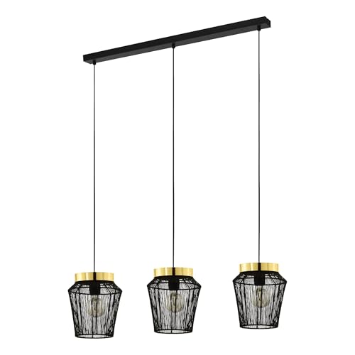 EGLO Pendelleuchte Escandidos, 3 flammige Hängelampe, Hängeleuchte aus Metall in Schwarz, Messing-Gebürstet, Esstischlampe, Wohnzimmerlampe hängend mit E27 Fassung
