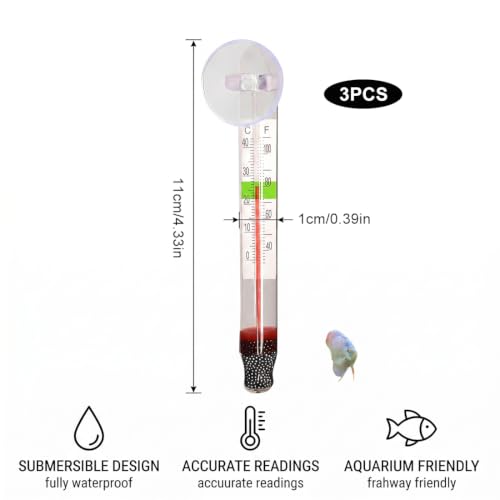 JHAZUN Set Of 3 Glass Thermometers For Aquarium - Temperature Meter With Suction Cup,Clear Reading,For Freshwater and Salt Water Fish Tanks