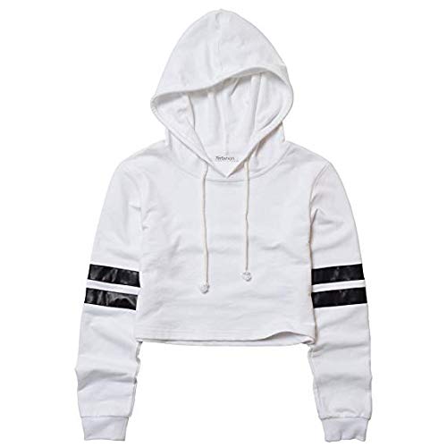 Perfashion Women's Crop Top Hoodie Long Sleeve Loose Striped for Women Pullover Sweatshirt Black White