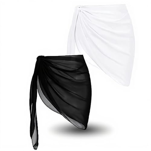 Sorandy 2 Pieces Women's Short Sarongs Swimsuit Coverups, Beach Wrap Sheer Bikini Wraps Short Skirt Chiffon Scarf for Swimwear Vacation, Universal Size, White and Black