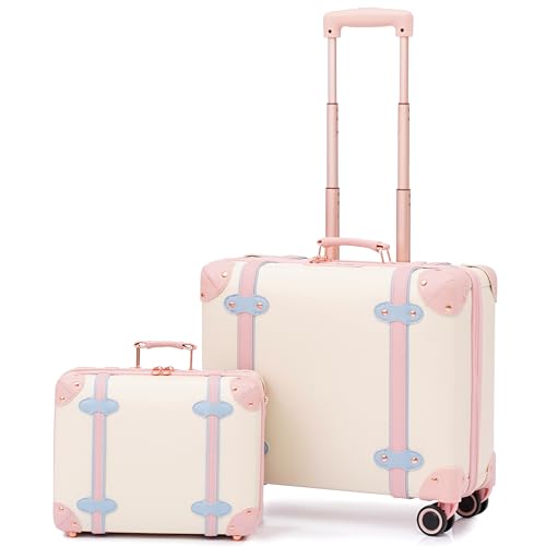 urecity Vintage PU Leather Cabin Size Luggage Set Stylish Retro Underseat Carry On Suitcases with TSA Lock & Spinner Wheels, Lightweight Design for Elegant Travel (18''+14'' White)
