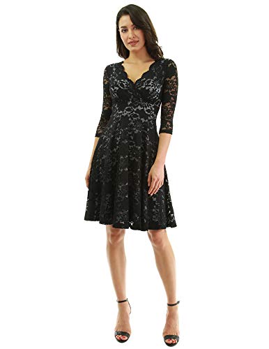 PattyBoutik Women 3/4 Sleeve Lace Overlay Fit and Flare Dress (Black and Gray Large) - Thumbnail 6