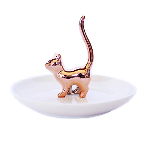 RARITYUS Cute Rose Gold Cat Ring Dish Holder Jewelry Trays Ceramic Trinket Porcelain Ring Holder for Earring Necklace Bracelet Organizer Display
