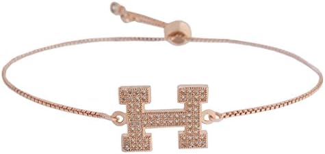 Fashion Metal Women's Snake Chain Letter H Charm Bracelets with Rhinestones 2 Danglers Ends Ball Clasp Adjustable Length Pink Gold