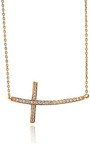 Holy Christian Gifts Gold Sideways Curved Crystal Cross Necklace w/Dazzling CZ Stones, 18 inch Chain and Lobster Clasp.