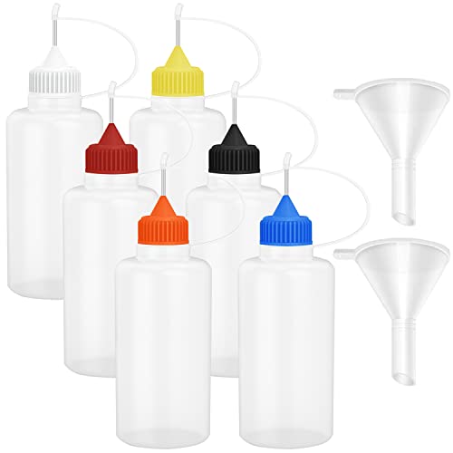 Hulless 6 Pcs 4 Ounce Needle Tip Glue Bottle 120ml Plastic Dropper Bottles Multicolor Lid with 2 Pcs Mini Funnel for Small Gluing Projects, Paper Quilling DIY Craft, Acrylic Painting