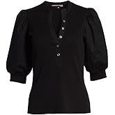 Veronica Beard Women's White Coralee Puff-Sleeve Top Ribbed Knit Short Sleeve T-Shirt