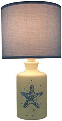White and Blue Ceramic Starfish Table Lamp with Fabric Shade