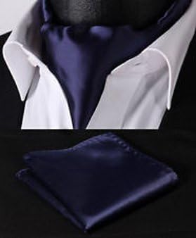 MENDONG - Pure Navy Blue Solid Silk Cravat Woven Ascot Hanky Handkerchief Set