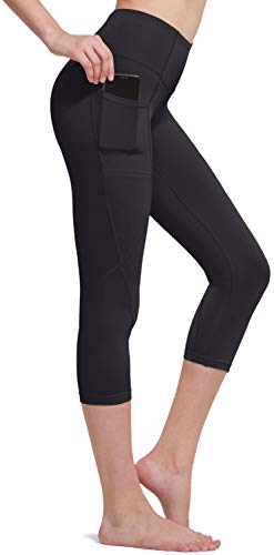 TSLA Pantalones de yoga de cintura alta para mujer con bolsillos, Capris de yoga con control de barriga, Leggings Capri elásticos de 4 vías con bolsillos