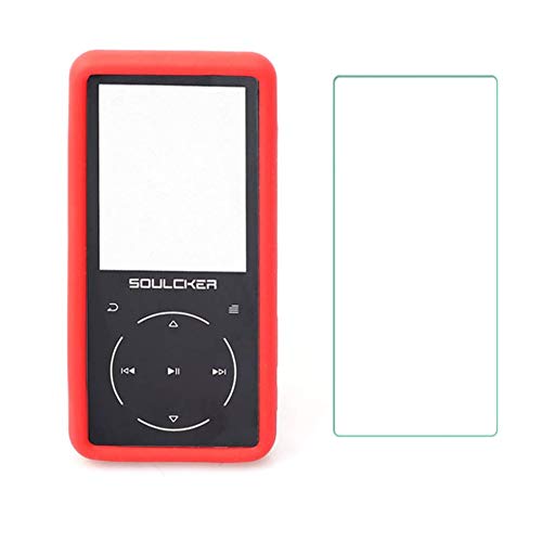 Esimen Premium Silicone Case for Soulcker MP3 Player Tempered Glass Screen Film Screen Protector Cover Travel Carry Pouch Sleeve (Red)