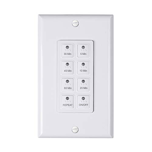 BN-LINK Countdown Digital In-wall Timer Switch 5-10-20-30-45-60mins, For bathroom fan,In-wall light timer, Neutral Required, Free Plate, White