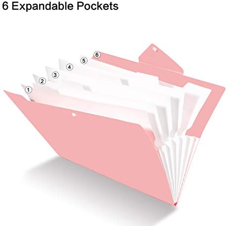 FHEAL File Folders Plastic 6 Pockets File A4 Letter Size 1/6 Cut Tabs Expanding File Folder with Snap Button Love Cute Documents Paper Organizer Accordion Folder for Students (Pink 1 Pack 6 Pockets)