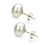 White Button Shape Freshwater Cultured High Luster AAA Pearl Stud Earrings