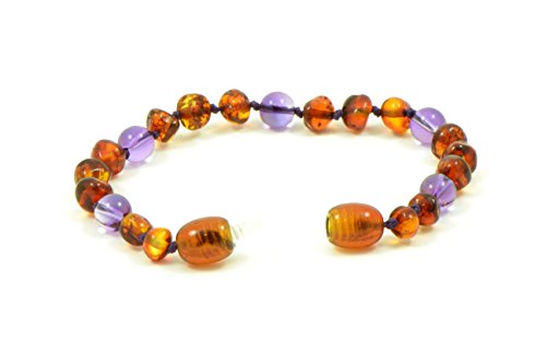 Baltic Amber Teething Bracelet/Anklet {0056} Mixed with Amethyst Beads - 5.5 inches - Amber Jewelry - Hand-Made from Natural Baltic Amber Beads (5.5 inches (14 cm), Cognac/Amethyst)