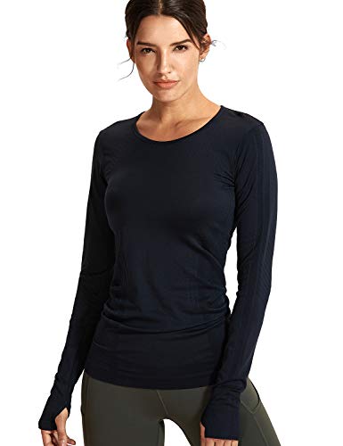 SYROKAN Women's Lightweight Seamless Dry Fit Active Gripper Hem Workout Long Sleeve Sports Top Black M(8/10)
