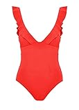 Soyml Women Ruffle Swimsuit Monokini Tummy-Hide One Piece With Cross Tie Back Swimwear