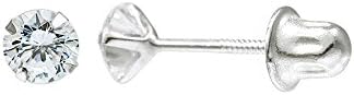 14K White Gold Round Cubic Zirconia (CZ) Single Basket Screw Back Stud Earrings - 2 mm to 10 mm