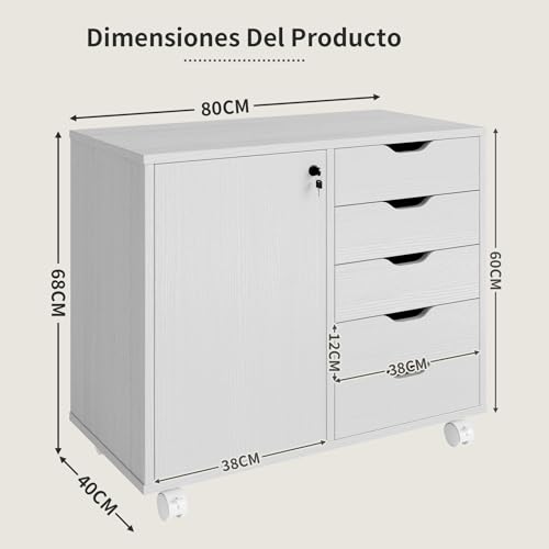 Simple Wisdom Archivero Organizador con 5 Cajones,Archivero con Llave de Oficina con Estantes Ajustables y Ruedas,Soporte para Impresora para Oficina en Casa(Blanco)