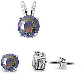 Sterling Silver Fancy Round Rainbow Topaz Simulated Diamonds Stud Earrings and Pendant Set