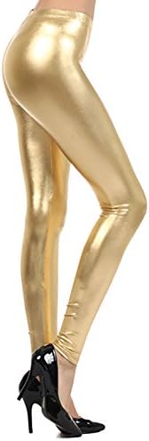 Metallic Footless Leggings Tights Liquid Shiny Costume Pants (Medium, Gold)