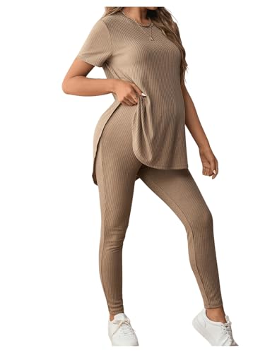 OYOANGLE Women's Maternity 2 Piece Ribbed Knit Lounge Set Short Sleeve T-shirt and Legging Pants Fall Outfits