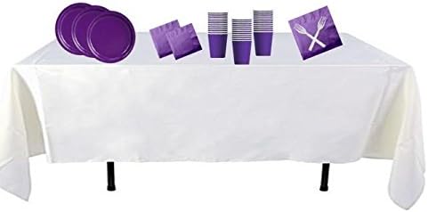 Party supplies: Serve Up To 60 Guests! Round Plates, Napkins Cups, Forks + Table Covers! Great for Anniversary, Birthday, Baby Shower, Graduation &amp; Retirement Parties! (White &amp; Purple Rect. Table)