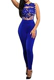 VamJump Women Sexy Lace Sheer Bodycon Club Jumpsuit Rompers Pencil Pants Blue