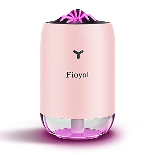 Portable Mini Humidifier, Fioyal Small Car Humidifiers with Essential Oil Refill Pads, Cool Mist Humidifiers for Bedroom, Baby, Plant, 7 Colors Night Light, 2 Mist Modes, Auto Shut Off, Quiet(Pink)