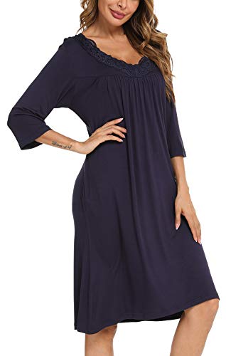 YYA Womens Sleepwear, Lace V Neck Soft Pleated Sleepwear for Women 3/4 Sleeve Navy S
