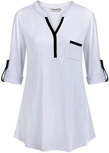 Tencole Roll Up Sleeve V Neck Tunic Shirts Business Casual Blouse Tops for Women