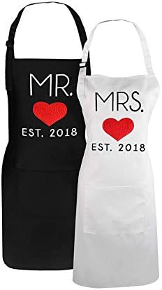 Aprons for Couples, Aprons with Pocket for Wedding Engagement, Funny Cooking Bibs for Wedding Marriage Newlyweds