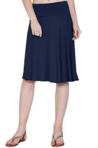 12 Ami Solid Basic Fold-Over Stretch Midi Short Skirt Navy Large