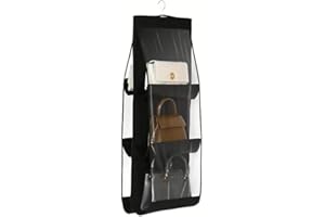Handbag Storage Box 6 Slot Space Saving Dustproof Oxford Fabric Hanging Purse Organizer for Closet Wardrobe Travel, Black
