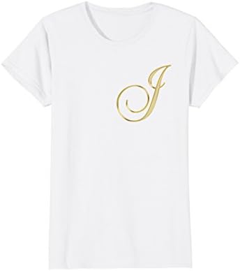 Womens T Shirt With Letter J in Elegant Gold T-Shirts with Initial Medium White