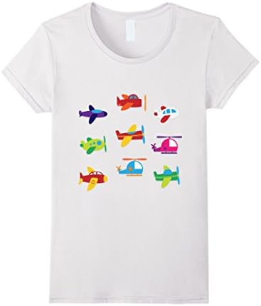 Women's Cute Colorful Airplane Plane Helicopter Collection T-shirt Medium White