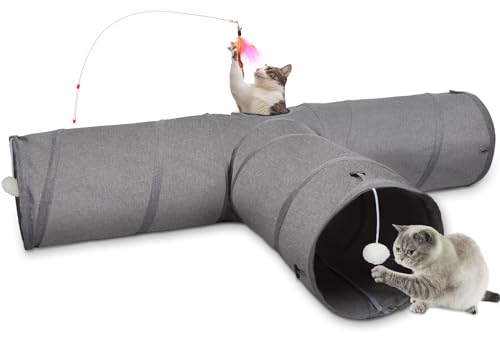 Ownpets Cat Tunnel, Large 3 Way Pet Tunnel with Sturdy Oxford Fabric, Foldable and Resistant to Tearing, Featuring Multiple Exits, Hanging Ball and Teaser Wand，Diameter 30CM