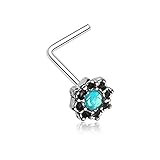 20G Lotus Synthetic Opal Sparkle Filigree Icon L-Shaped Nose Ring (Steel)