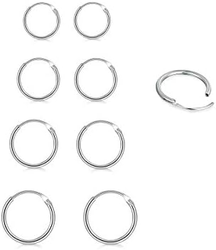 4 Pair Sterling Silver Small Endless Hoop Earrings Set, Unisex Cartilage Earrings Nose Lip Rings Body Piercing Jewelry
