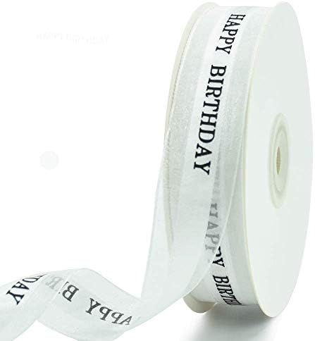 Cinta Satén Happy Birthday - 2,5cm Ancho X 25 Yardas, Color Blanco Roto | Para Envolver Regalos, Manualidades, Decoración