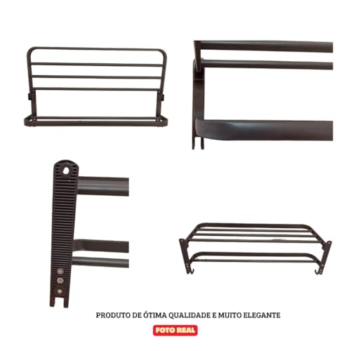 Toalheiro Duplo com Prateleira de Aço para Banheiro Porta Toalha de Parede | Suporte para Toalhas de Luxo Moderno, Resistente à Umidade | Instalação Parafusada ou Adesiva | Preto/Cinza Escuro