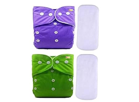 Buy Alya Baby Reusable Cloth Diapers All In One Adjustable Pocket Style Nappies Washable With White Microfiber 4 Layers Wet Free Insert Pads 0 24 Months 3 16kg Pack Of 2 Green Purple Online At Low