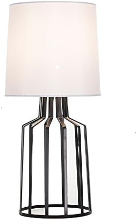 Glanzhaus Elegant Design Living Room Bedroom Bedside Table Lamp, Desk Lamps With White Fabric Shade and Black Metal Bird Cage Basement