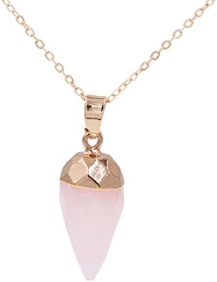 Small Island Gold Dipped Rose Pink Quartz Crystal Bullet Droplet Pendant Necklace - Semi-Precious Stone - Elegant and Pretty Jewellery